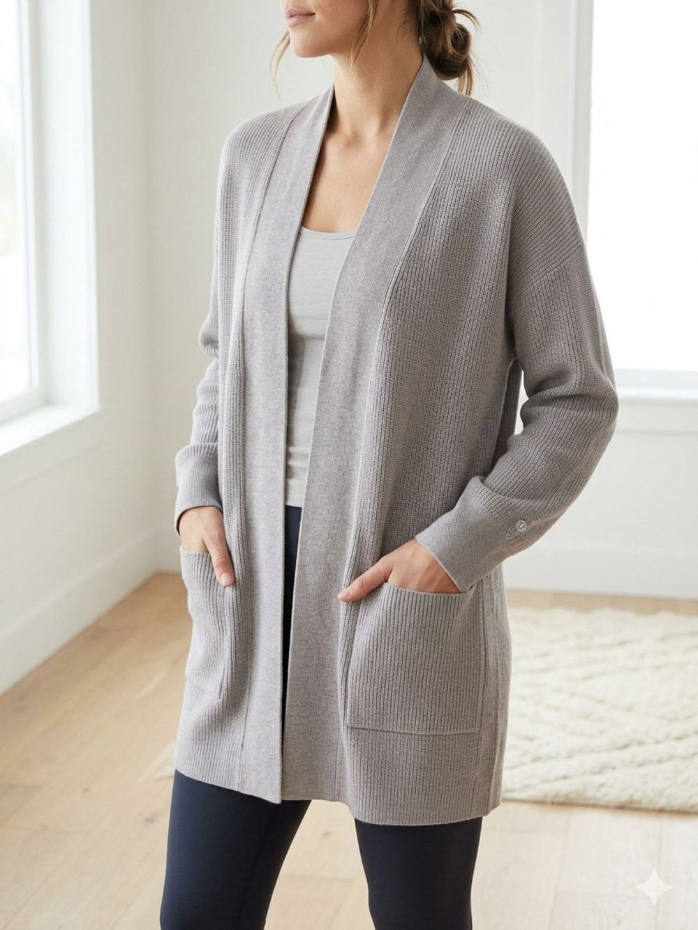 Lululemon Merino Wool Ribbed Long Wrap Sweater Cardigan Heathered Grey 10 EUC